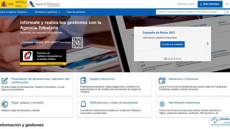 Interfaz de la página web de la Agencia Tributaria.