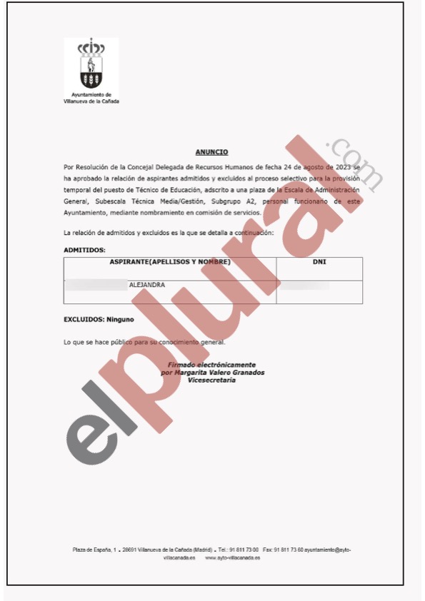 Anuncio admitidos en el proceso del Ayuntamiento de Villanueva de la Cañada. EP