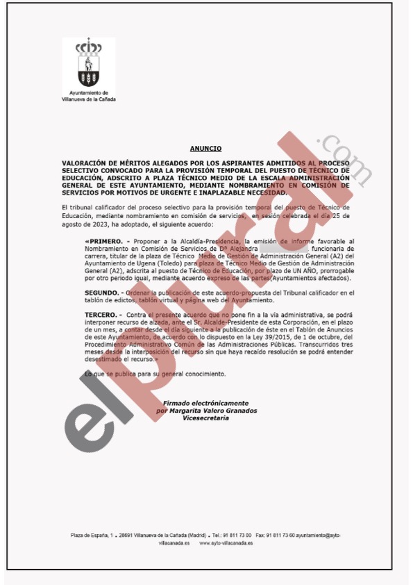 Valoración proceso Ayuntamiento Villanueva de la Cañada. EP