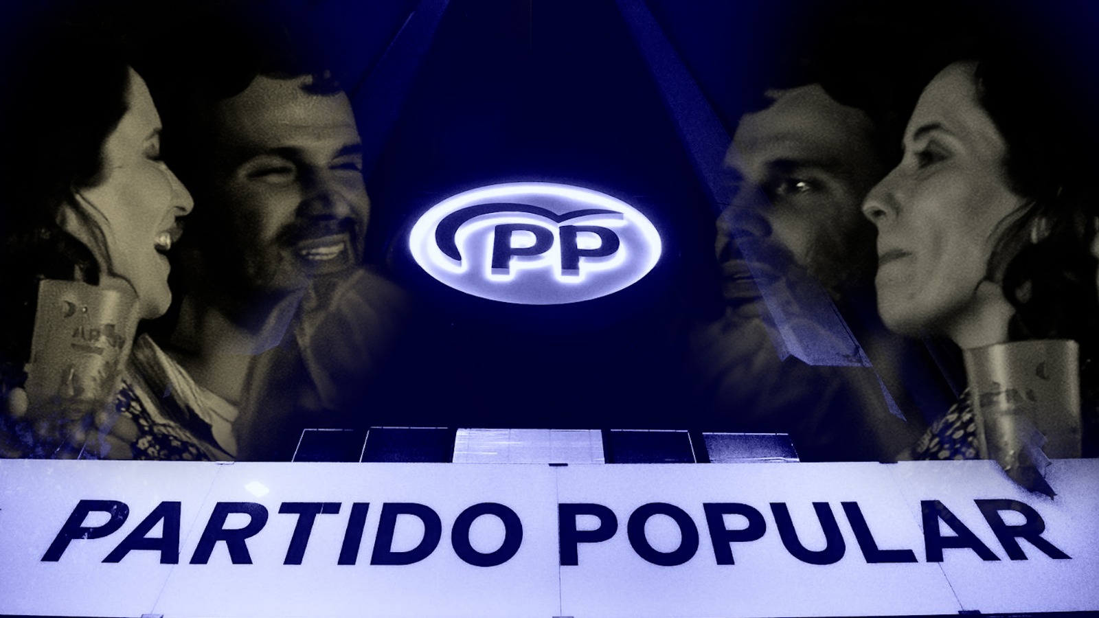 Ayuso y su pareja con la sede del PP detrás. Edición propia