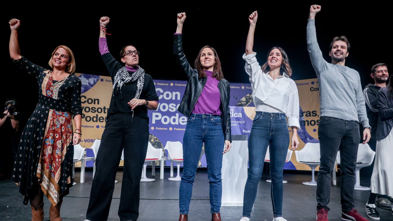 Los líderes de Podem Catalunya junto a Ione Belarra e Irene Montero. EP.