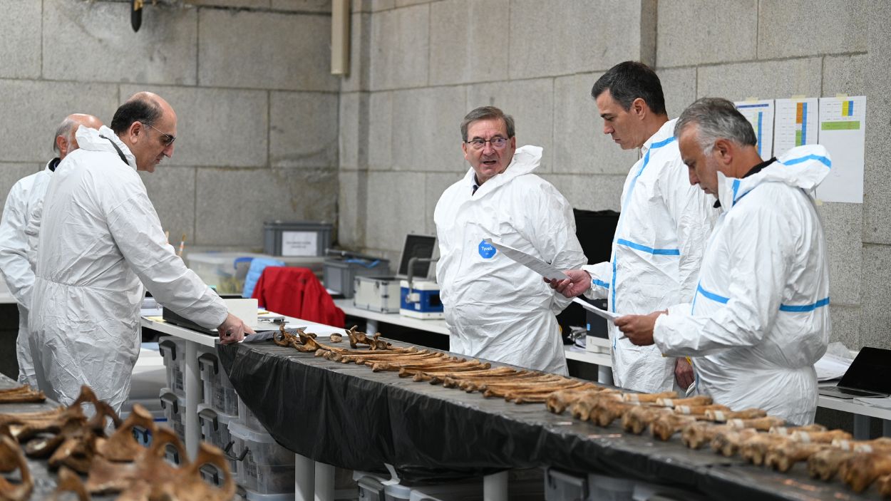 El presidente del Gobierno, Pedro Sánchez, visita por sorpresa el laboratorio forense del Valle de Cuelgamuros. Moncloa. 