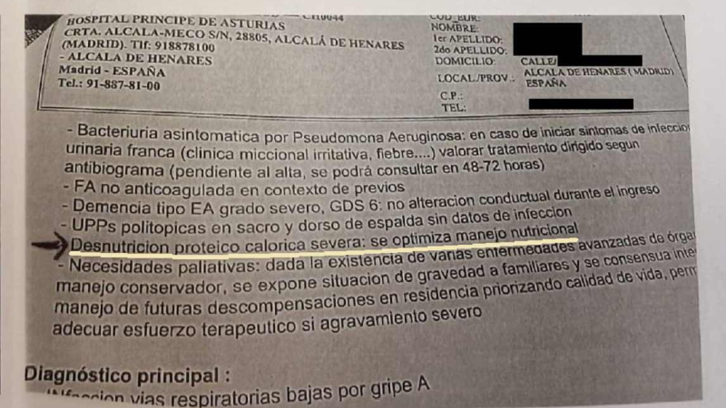 Informe médico sobre desnutrición de una anciana en la residencia Francisco de Vitoria