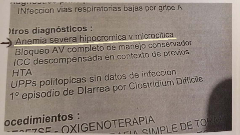 Informe médico sobre anemia de una anciana en la residencia Francisco de Vitoria