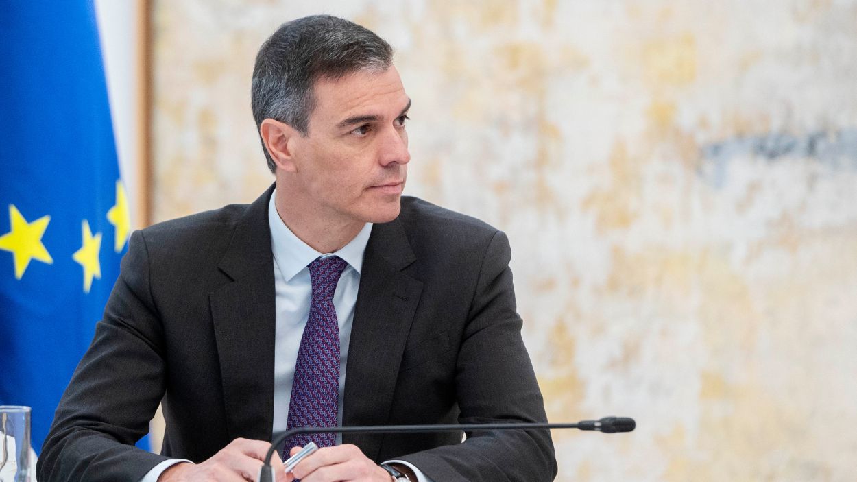 El presidente del Gobierno, Pedro Sánchez, en una reunión desde Moncloa. EP.