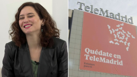 Isabel Díaz Ayuso, a la izquierda, y el edificio de Telemadrid, a la derecha