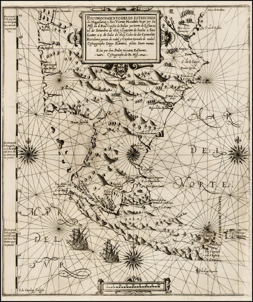 La cartografía estaba estrechamente unida al mundo militar y por lo tanto a los secretos de estado. Mapa del estrecho de San Vicente hecho por Pedro y Joao Texeira