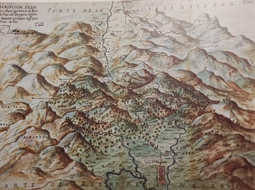 Mapa del paso pirenaico de Valcarlos realizado por Texeira con un claro interés militar para contener a Francia Mapa del paso pirenaico de Valcarlos realizado por Texeira con un claro interés militar para contener a Francia