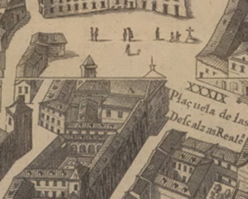 Detalle del mapa que realizó de Madrid en 1656 en el que se aprecia el convento de San Martín donde Texeira fue enterrado para más tarde perderse sus restos para siempre Detalle del mapa que realizó de Madrid en 1656 en el que se aprecia el convento de San Martín donde Texeira fue enterrado para más tarde perderse sus restos para siempre