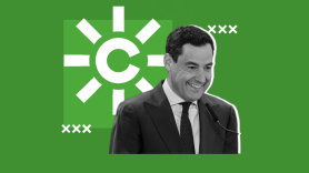 El presidente de la Junta de Andalucía, Juanma Moreno Bonilla, con el logo de Canal Sur de fondo. Montaje propio