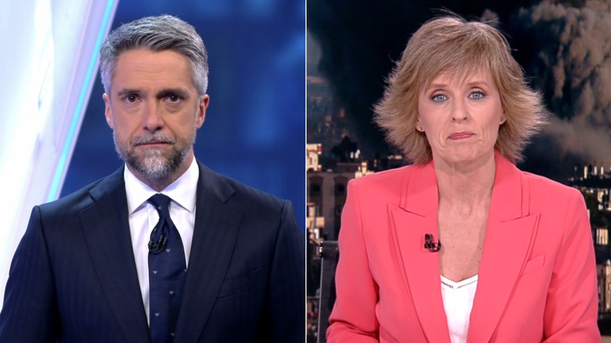 Carlos Franganillo, en 'Informativos Telecinco', y Marta Carazo, en 'Telediario 2'. Mediaset España y RTVE