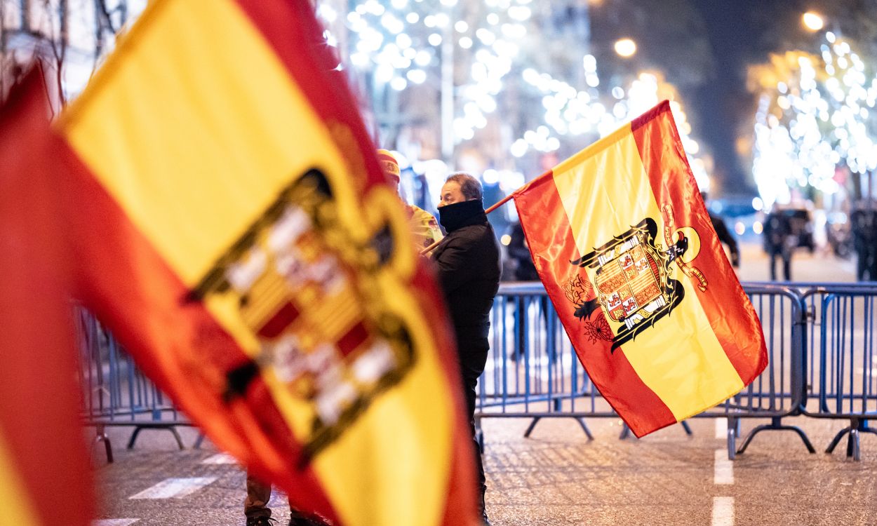 Banderas franquistas en Madrid durante las protestas contra el Gobierno. EP