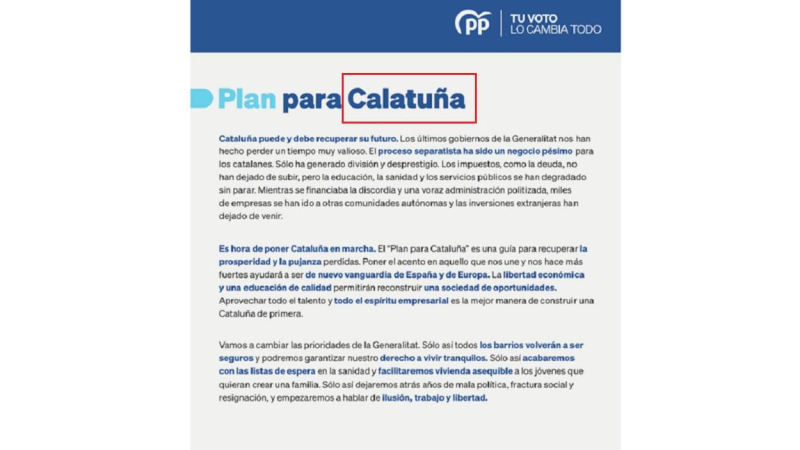 Captura del programa de los populares de Cataluña con la errata. PP
