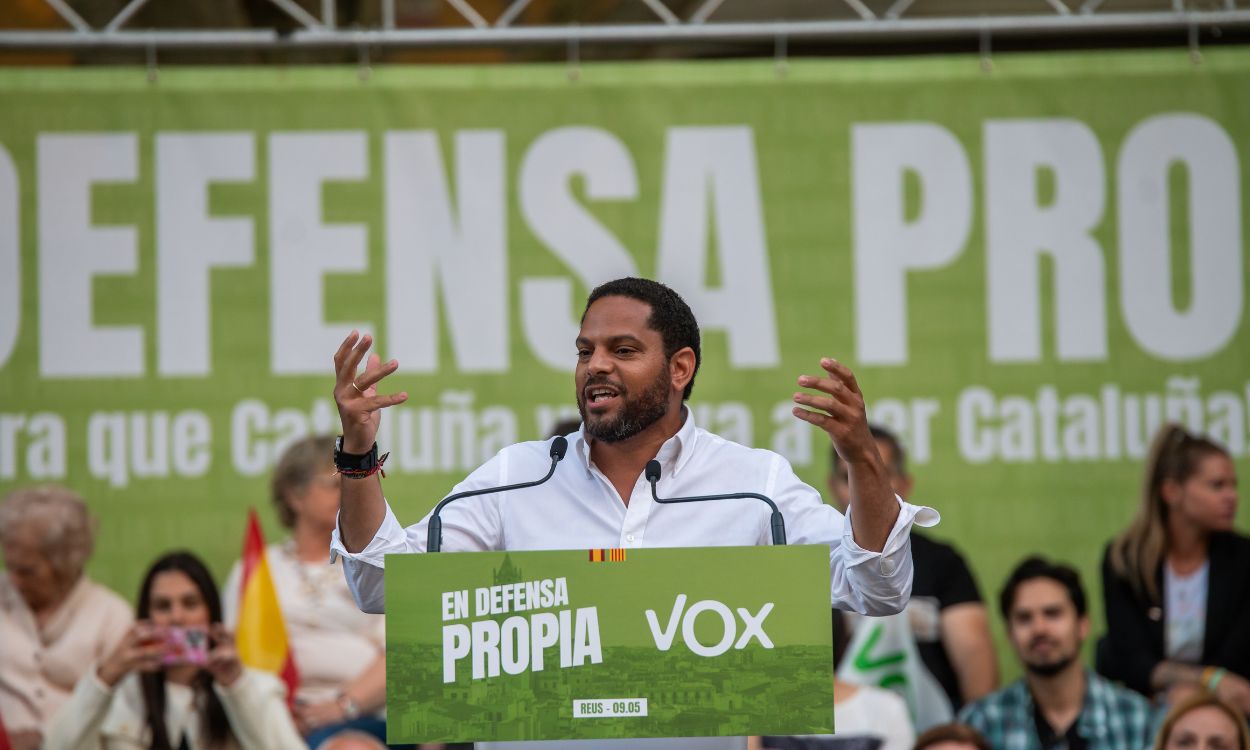 El candidato de VOX Ignacio Garriga, interviene durante un mitin de VOX, en la plaza Llibertat, a 9 de mayo de 2024, en Reus, Tarragona, Catalunya (España). EP