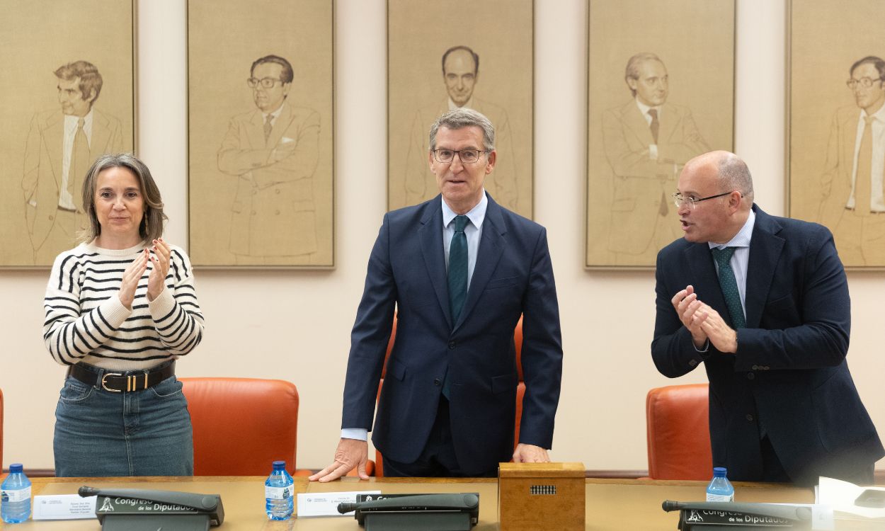 (I D) La secretaria general del PP, Cuca Gamarra; el líder del PP, Alberto Núñez Feijóo y el portavoz del PP en el Congreso, Miguel Tellado. EP (1)