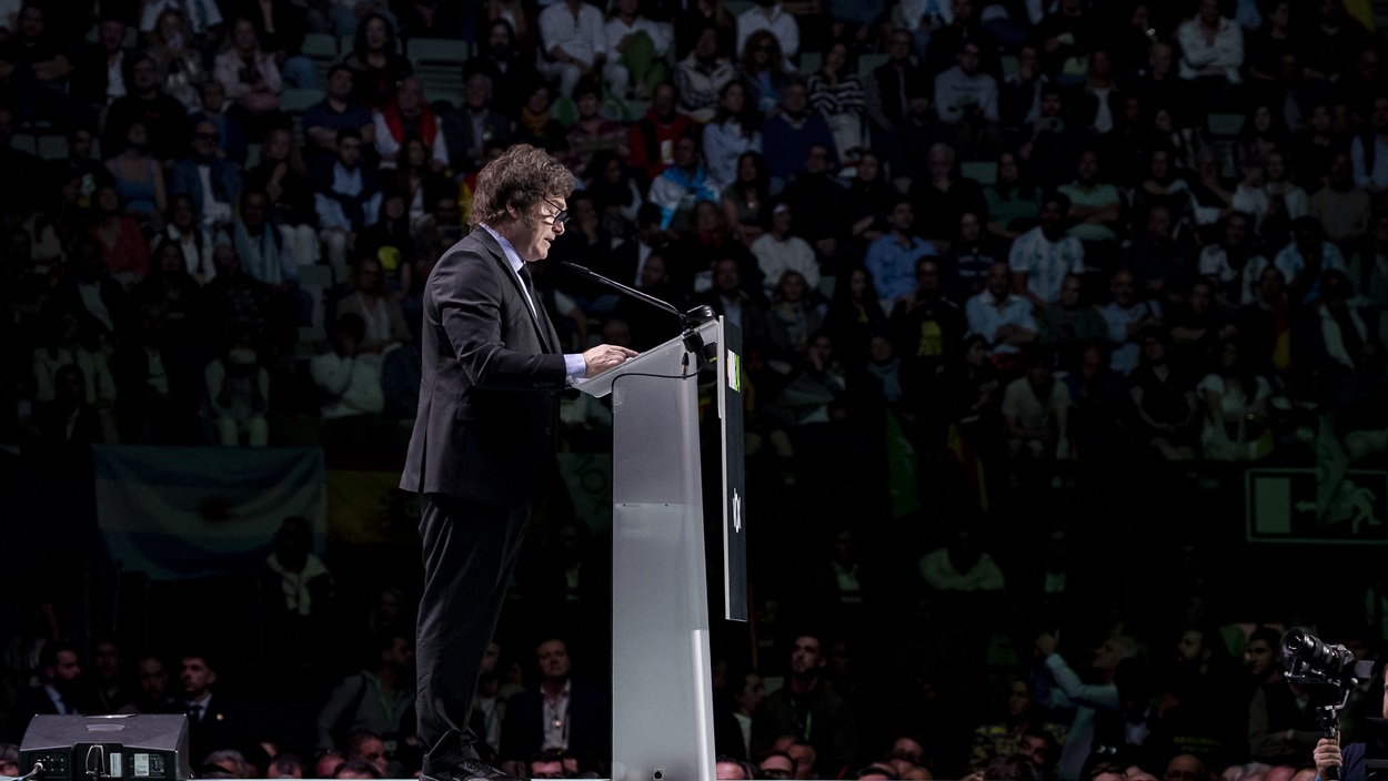 El presidente de Argentina, Javier Milei, durante su intervención en el acto de Vox. EP.