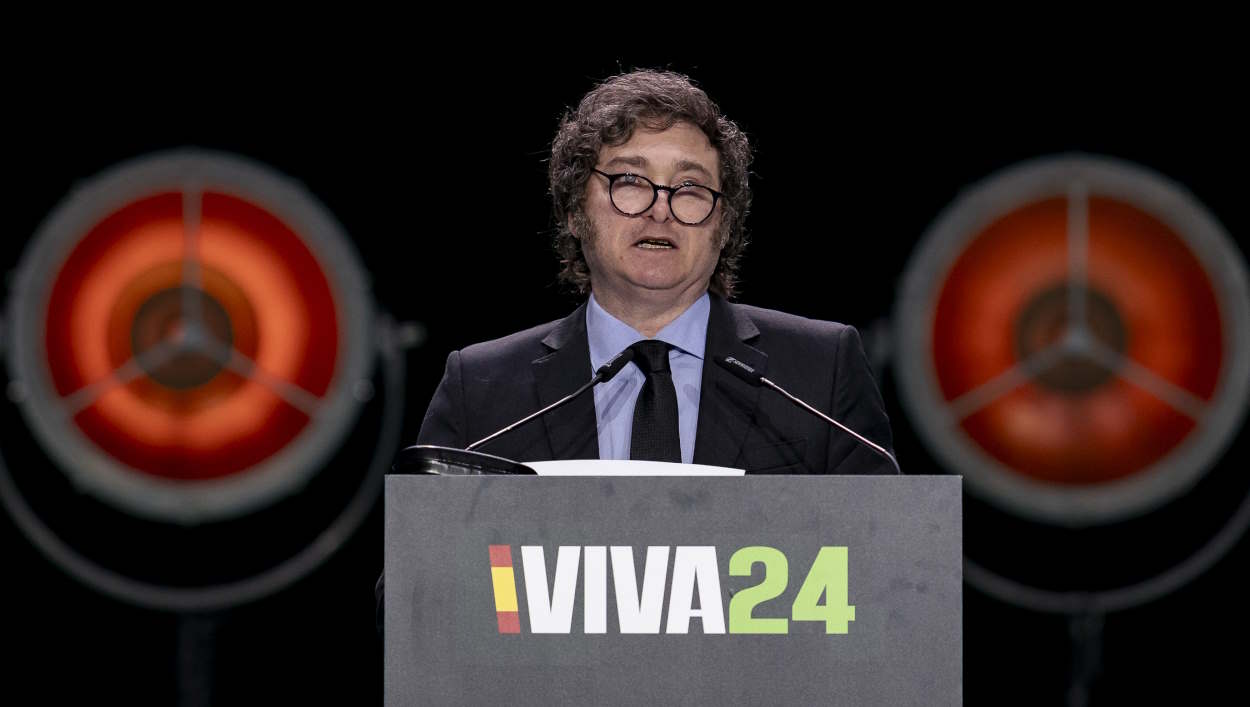 El presidente de Argentina, Javier Milei, durante su intervención en el acto de Vox. EP