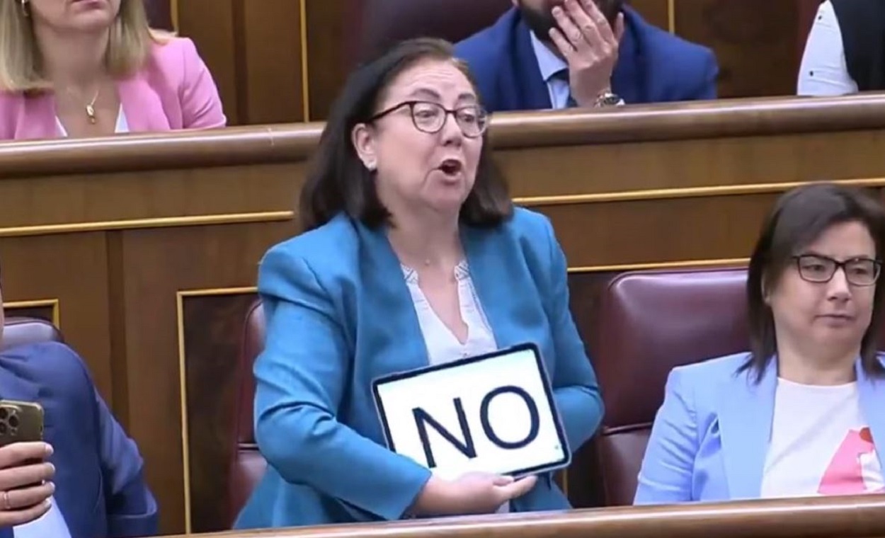 Una diputada del PP votando con un cartel contra la amnistía.