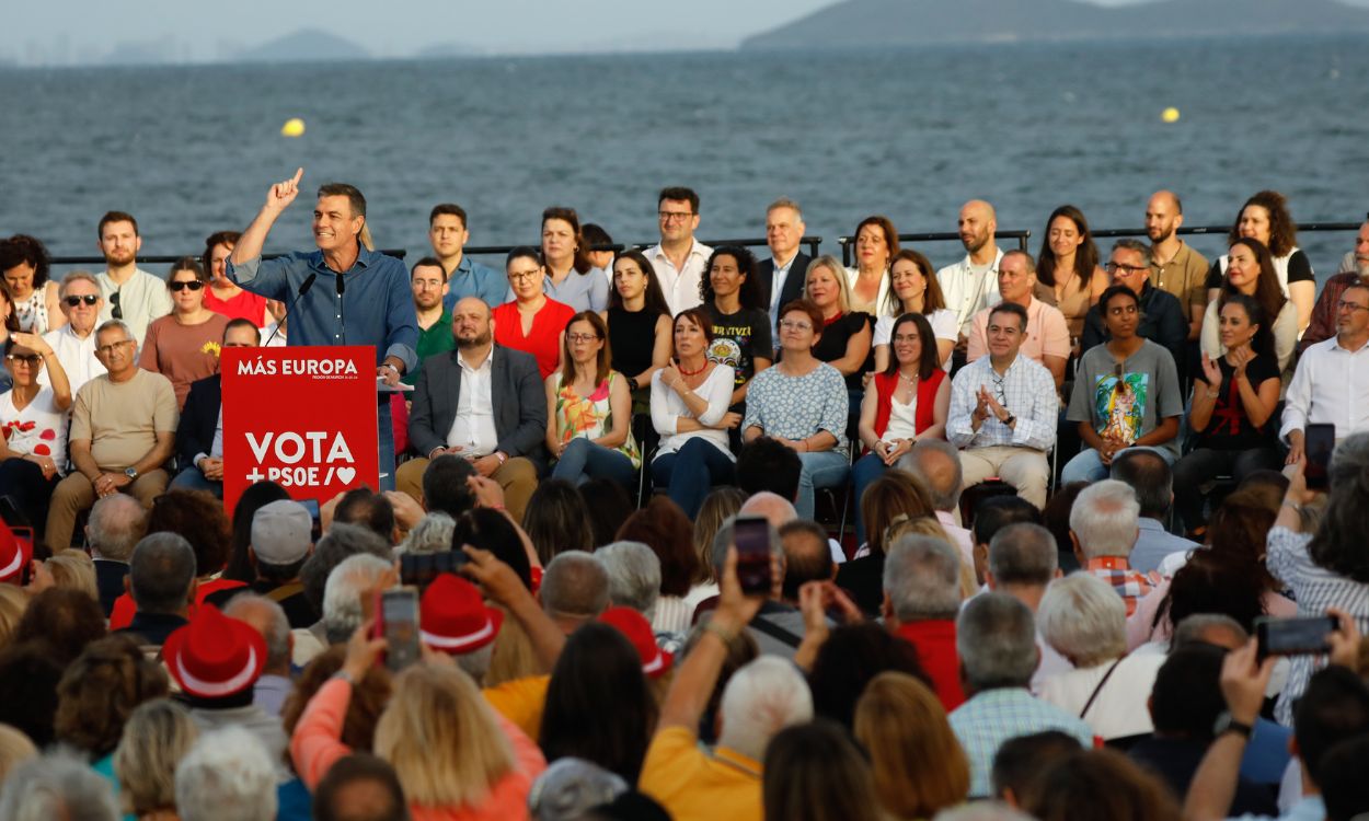 El presidente del Gobierno, Pedro Sánchez, durante el acto central de campaña del PSOE, a 31 de mayo de 2024, en Los Alcázares, Región de Murcia (España). EP