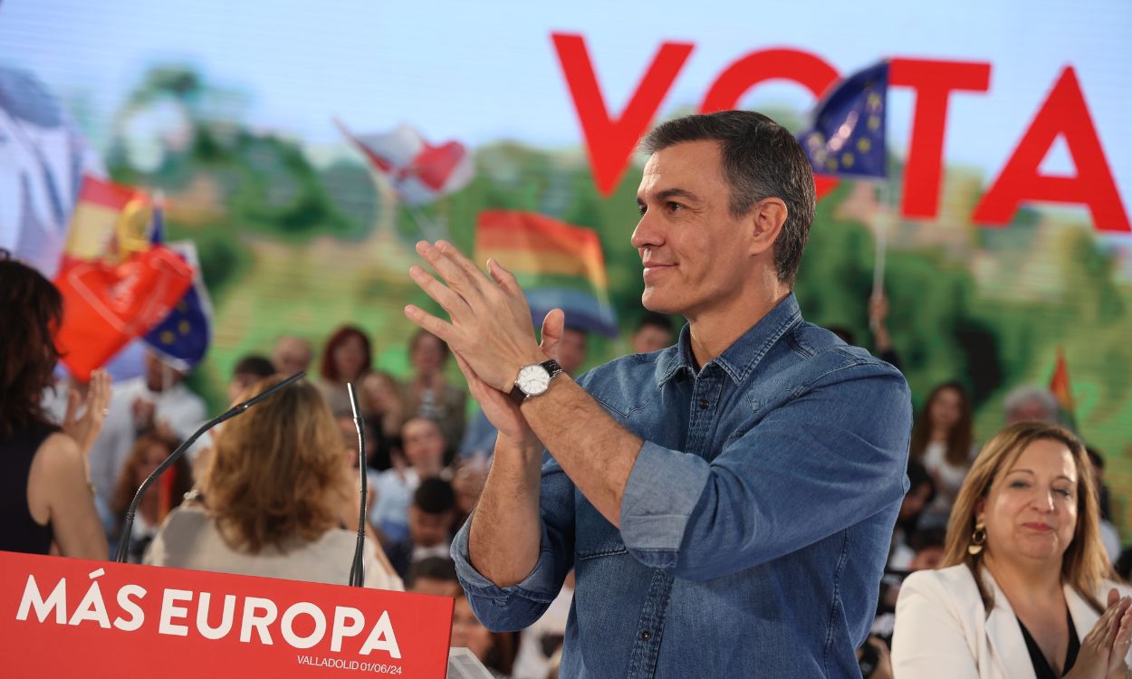 El secretario general y presidente del Gobierno, Pedro Sánchez, durante un acto de campaña del PSOE, en la Feria de Muestras de Valladolid, a 1 de junio de 2024, en Valladolid, Castilla y León (Es