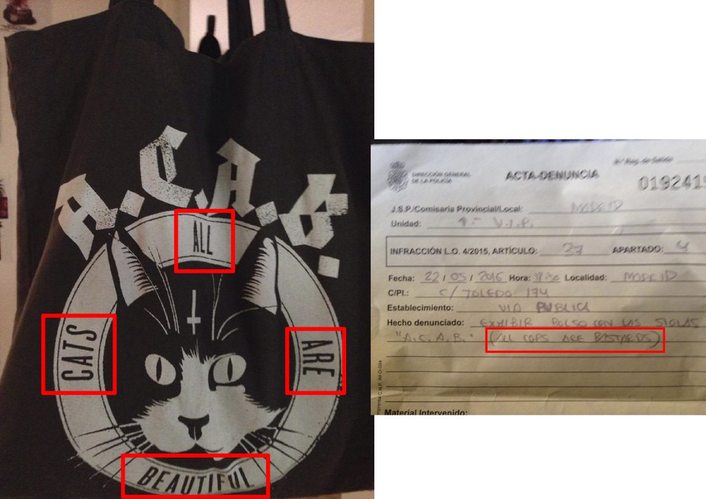 Imagen de la denuncia y el bolso con las sigras A.C.A.B.