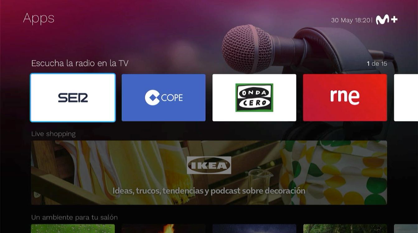 La living app de Radioplayer en Movistar Plus+ ofrece una selección de emisoras de radio, inicialmente 30, para su escucha en directo, divididas en dos categorías (música y actualidad)