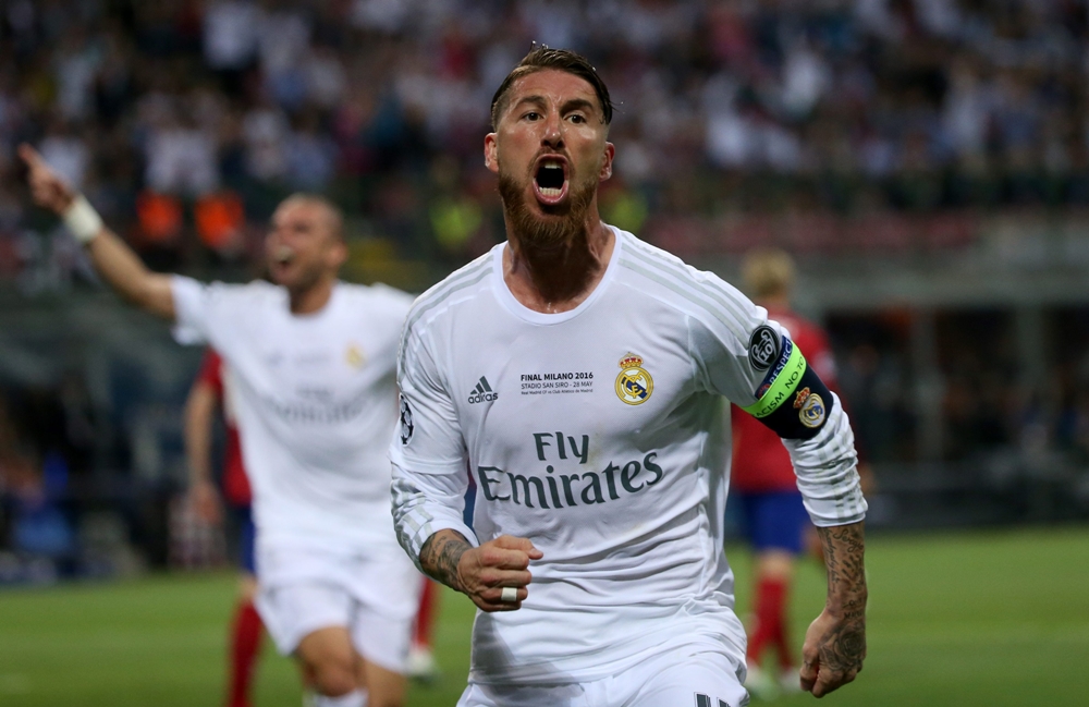 Ramos celebra el primer gol del Real Madrid.