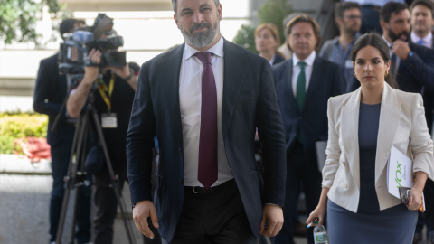 El líder de VOX, Santiago Abascal, a su llegada a una sesión plenaria en el Congreso de los Diputados, a 4 de julio de 2024, en Madrid (España). 