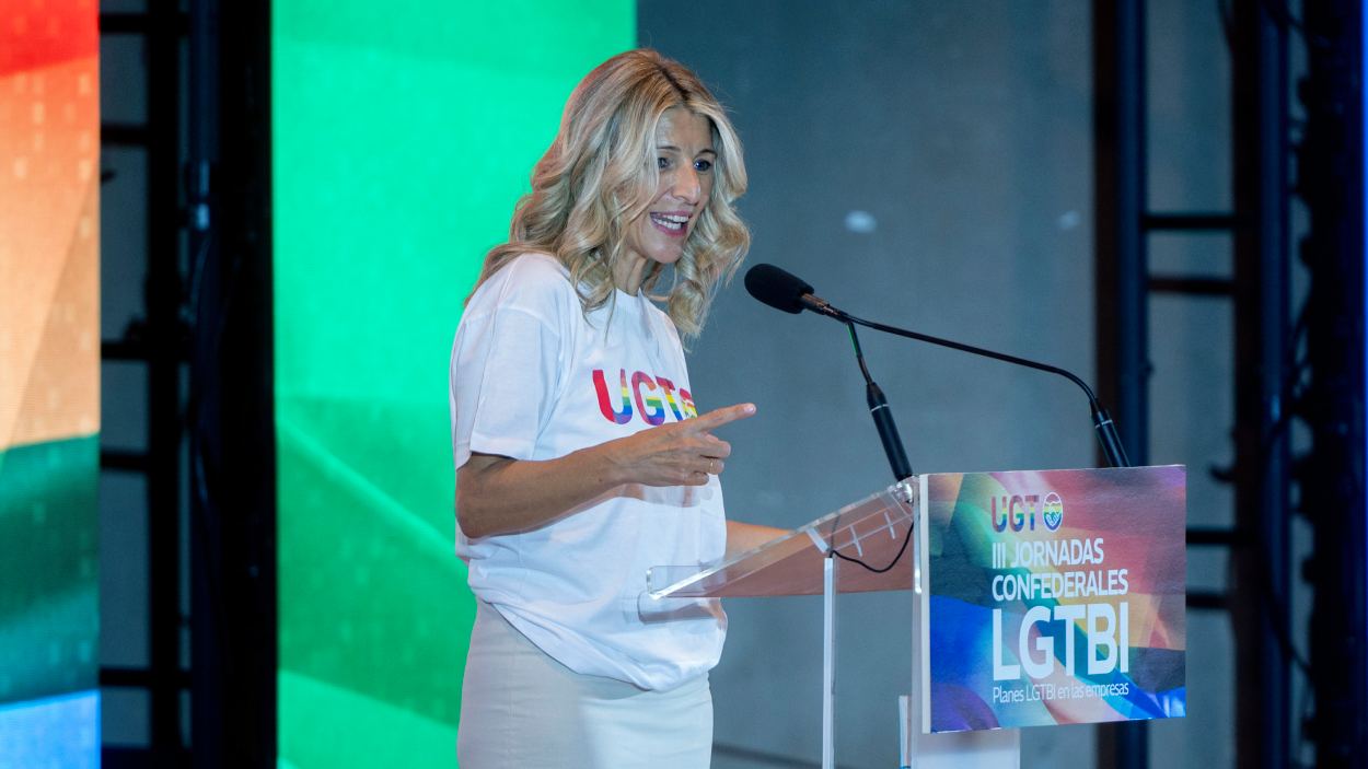 La vicepresidenta segunda y ministra de Trabajo y Economía Social, Yolanda Díaz, en las 'III Jornadas confederales LGTBI' de UGT. EP
