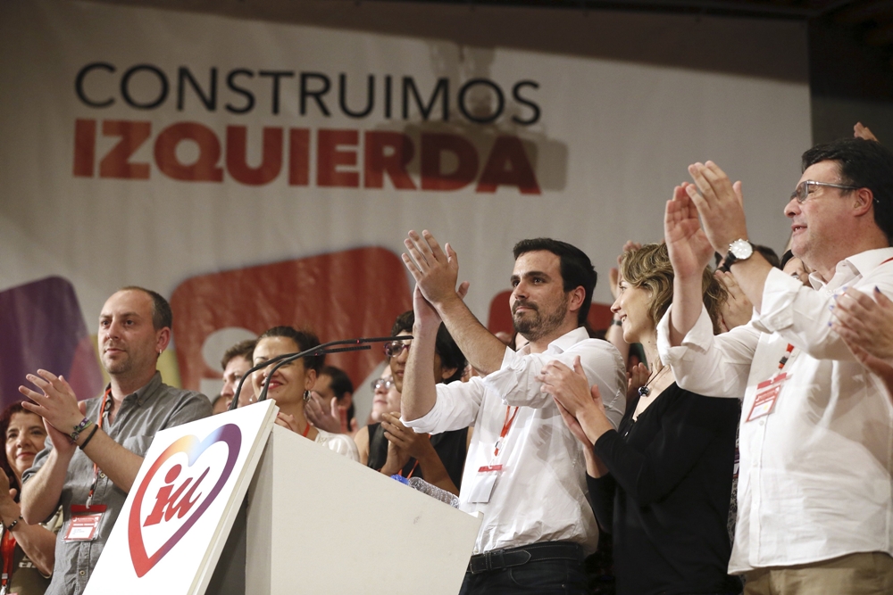 Alberto Garzón durante la Asamblea de IU celebrada este domingo. 