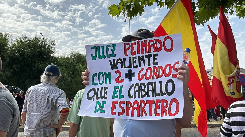 Un hombre con una pancarta en defensa del juez Peinado. EP