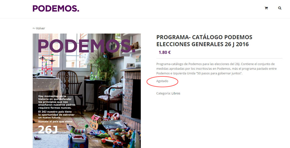 Imagen de la tienda de Podemos con su catálogo/programa electoral agotado