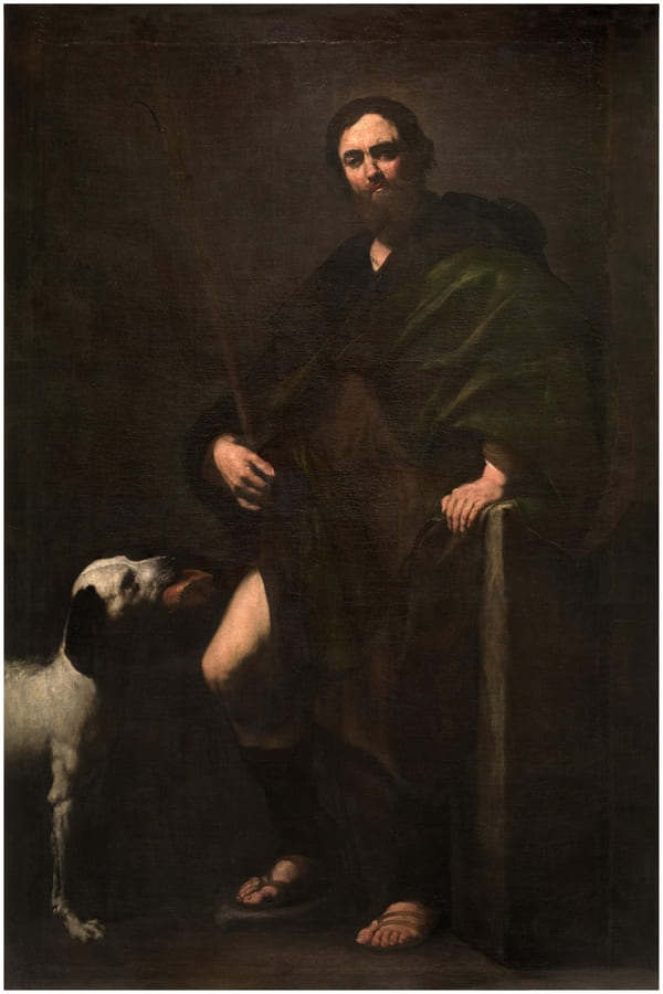 Al perro de san roque se le atribuyen varios nombres Melapo, Gozque, Roquet, Ginefort. En la imagen lo vemos pintado por José de Ribera