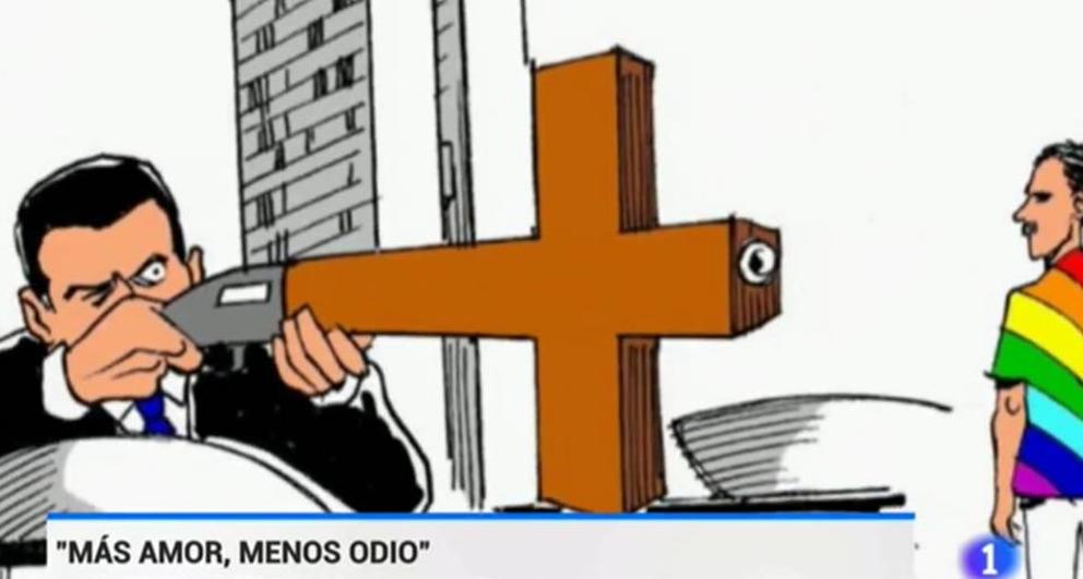 Viñeta que emitió TVE en la que se ve a un hombre disparando a un gay con una escopeta en forma de cruz