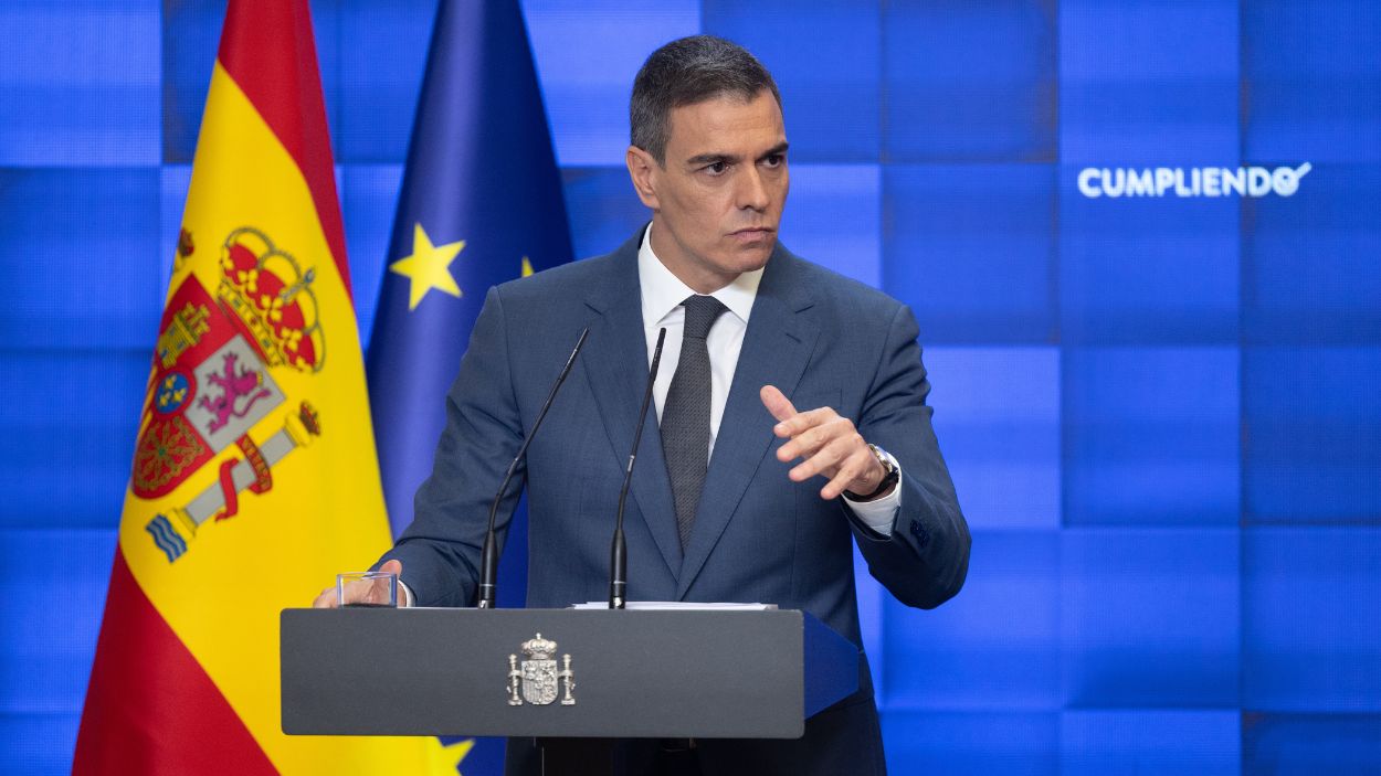 El presidente del Gobierno, Pedro Sánchez, comparece para hacer balance del curso político, en el Complejo de la Moncloa, a 31 de julio de 2024, en Madrid (España). EP