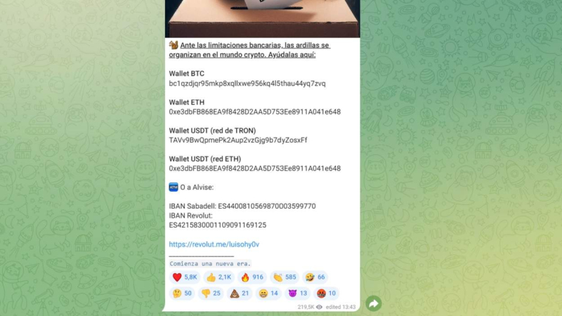 Captura de la petición de donaciones de Alvise a sus seguidores. Telegram Captura de la petición de donaciones de Alvise a sus seguidores. Telegram