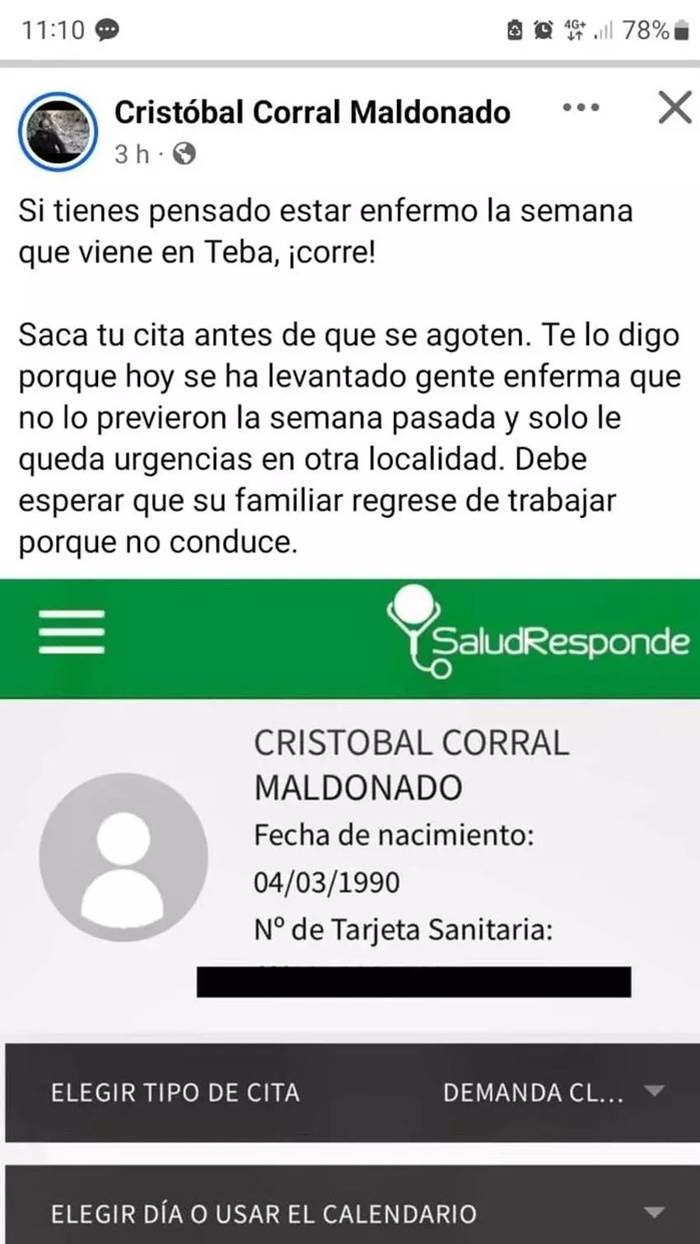 Texto del alcalde de Teba, Cristóbal Corral, denunciando la situación de la sanidad pública Texto del alcalde de Teba, Cristóbal Corral, denunciando la situación de la sanidad pública