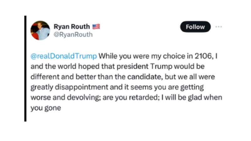 Captura del mensaje del detenido por el intento de asesinato de Trump. X Captura del mensaje del detenido por el intento de asesinato de Trump. X