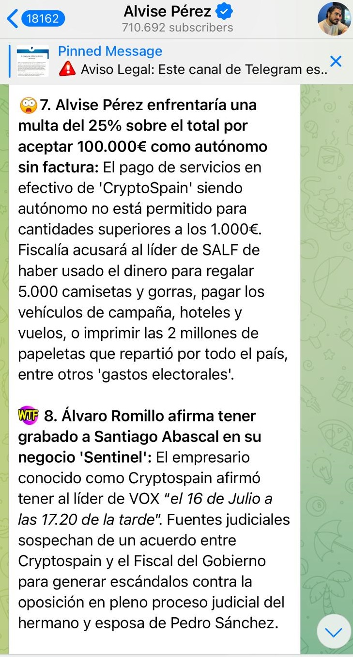 Pantallazo del chat de Alvise Pérez