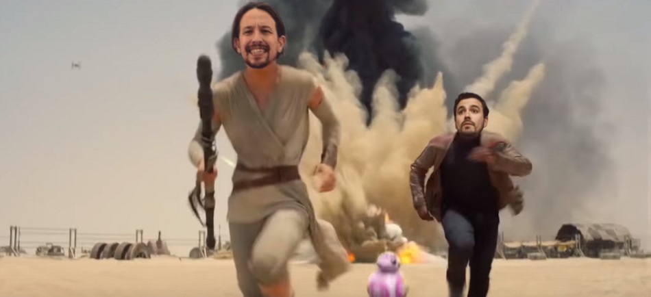 Fragmento del montaje que muestra a Pablo Iglesias y Alberto Garzón corriendo.