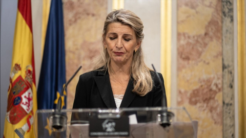 La vicepresidenta segunda y ministra de Trabajo y Economía Social y líder de Sumar, Yolanda Díaz, comparece tras la reunión del grupo Parlamentario Plurinacional Sumar en el Congreso de los Diputa (1)