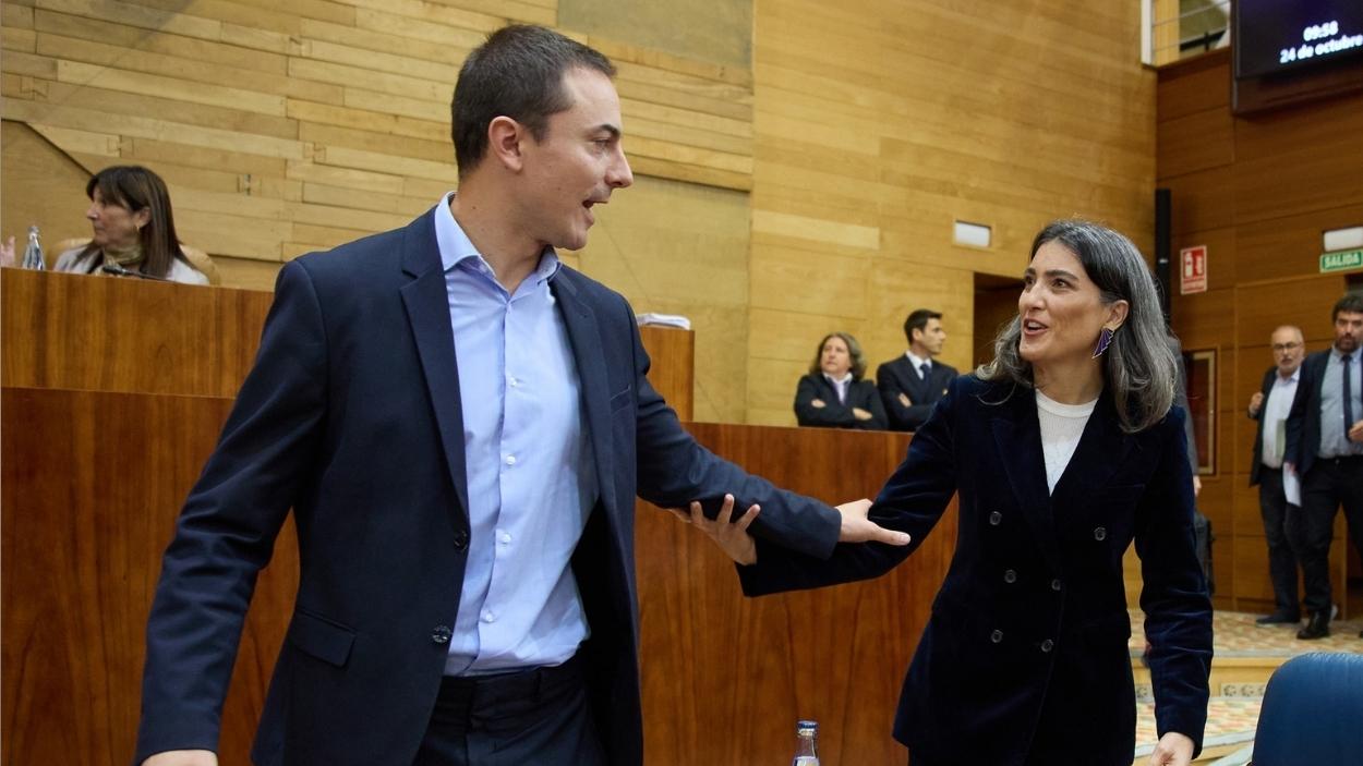 El portavoz del grupo parlamentario Socialista de la Asamblea de Madrid, Juan Lobato, y la portavoz del grupo parlamentario Más Madrid, Manuela Bergerot, durante un pleno en la Asamblea de Madrid,