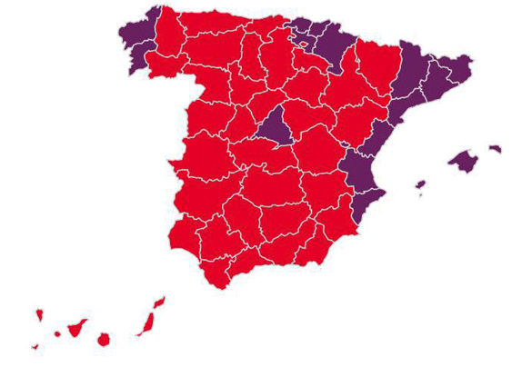 El PSOE se 'consuela' con el mapa de España en rojo frente al morado