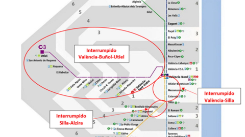 Mapa de las zonas de cercanías duramente afectadas por la DANA