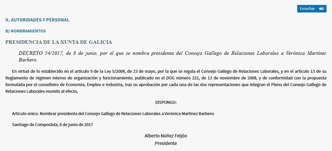 Decreto de nombramiento de Martínez como presidenta del Consejo Gallego de Relaciones Laborales Decreto de nombramiento de Martínez como presidenta del Consejo Gallego de Relaciones Laborales