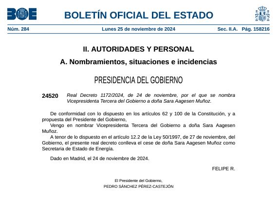 El BOE publica el nombramiento de Sara Aagesen como nueva ministra para la Transición Ecológica.