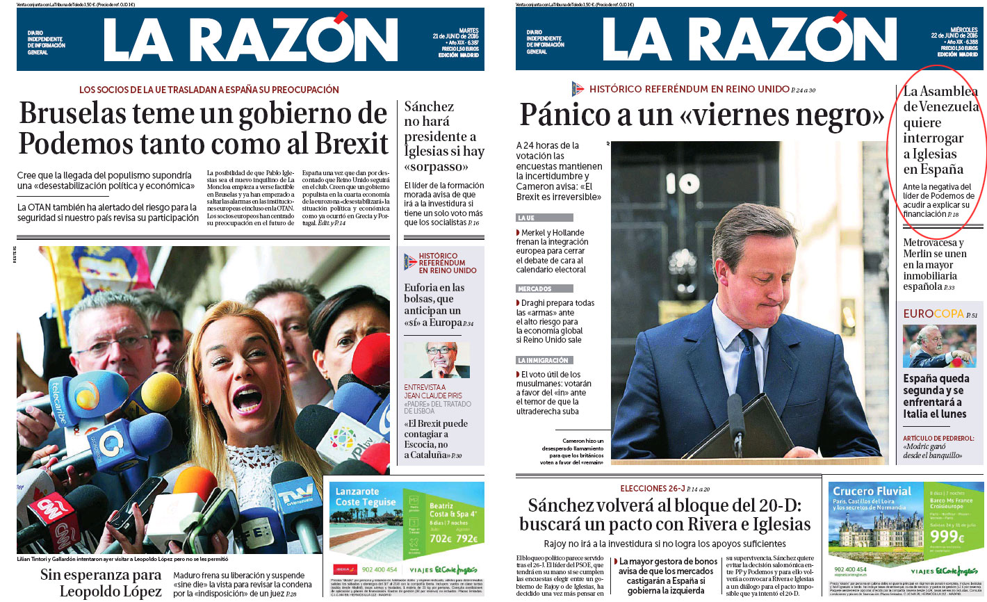 Marhuenda y sus portadas en campaña... Todo por el voto del miedo! Tras el 26J, Venezuela ya no interesa