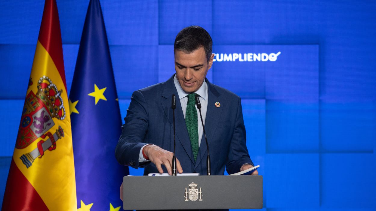 El presidente del Gobierno, Pedro Sánchez, hace balance del curso político de 2024 en La Moncloa. EP.