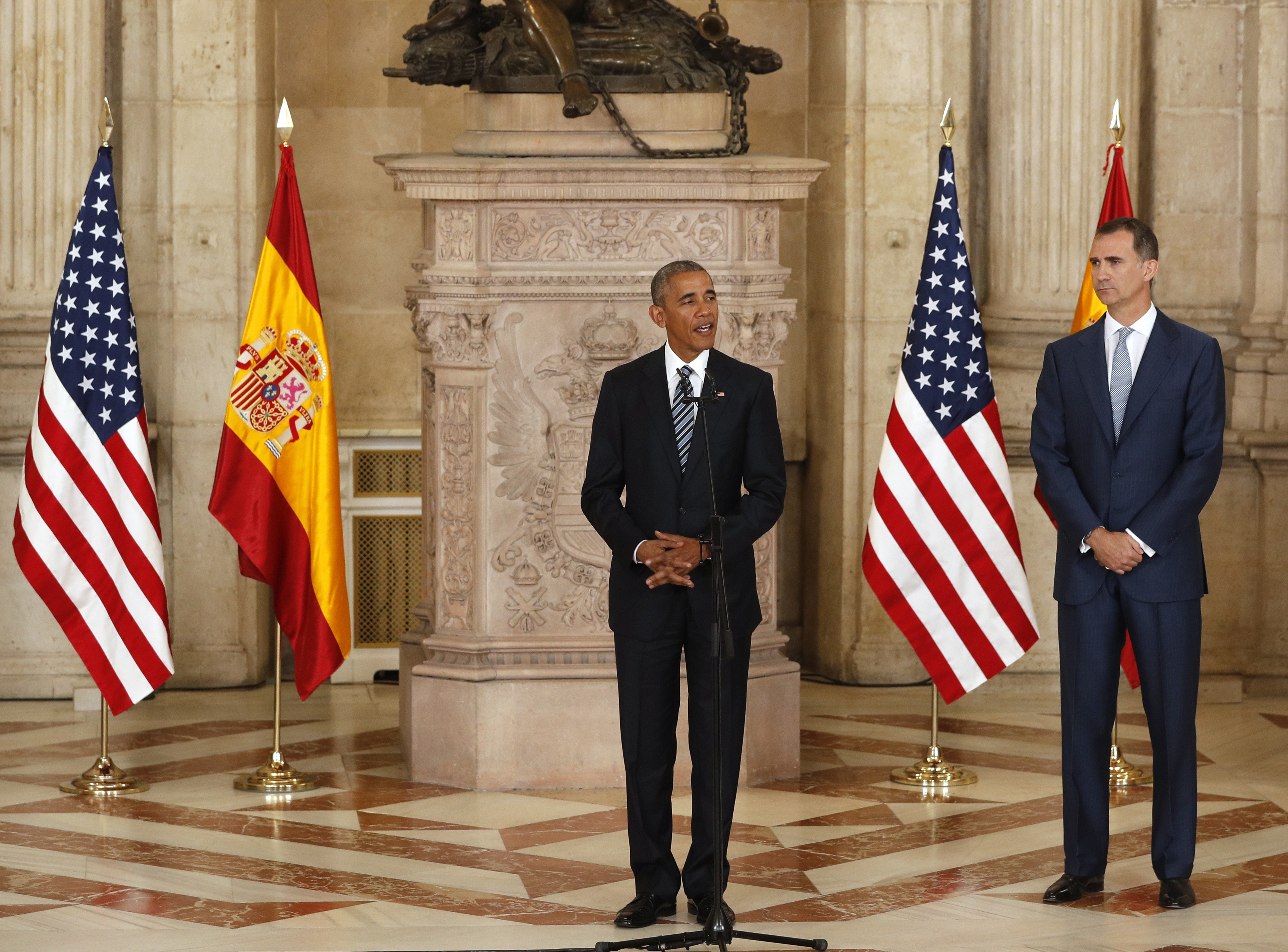 El presidente de EEUU, Barack Obama, durante el discurso ante Felipe VI prounciado en el Palacio Real. 