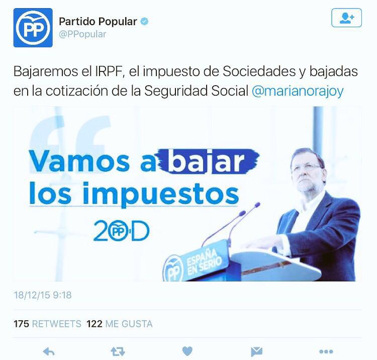 Tuit con el que el PP prometía bajar los impuestos durante la campaña de las elecciones del 20D